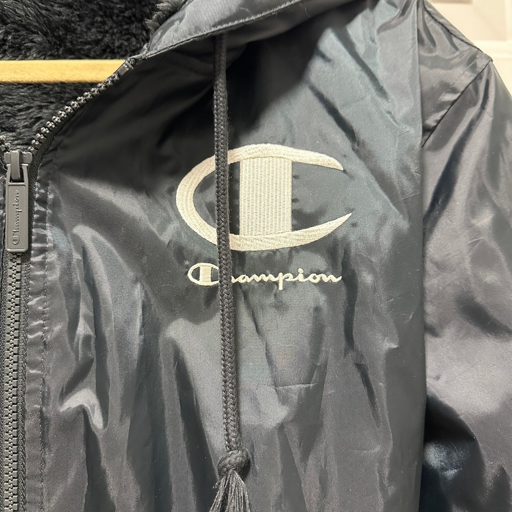 Champion Hooded Jacket Womens Large Black Sherpa Lined Longline Full Zip JL394 - Picture 3 of 7